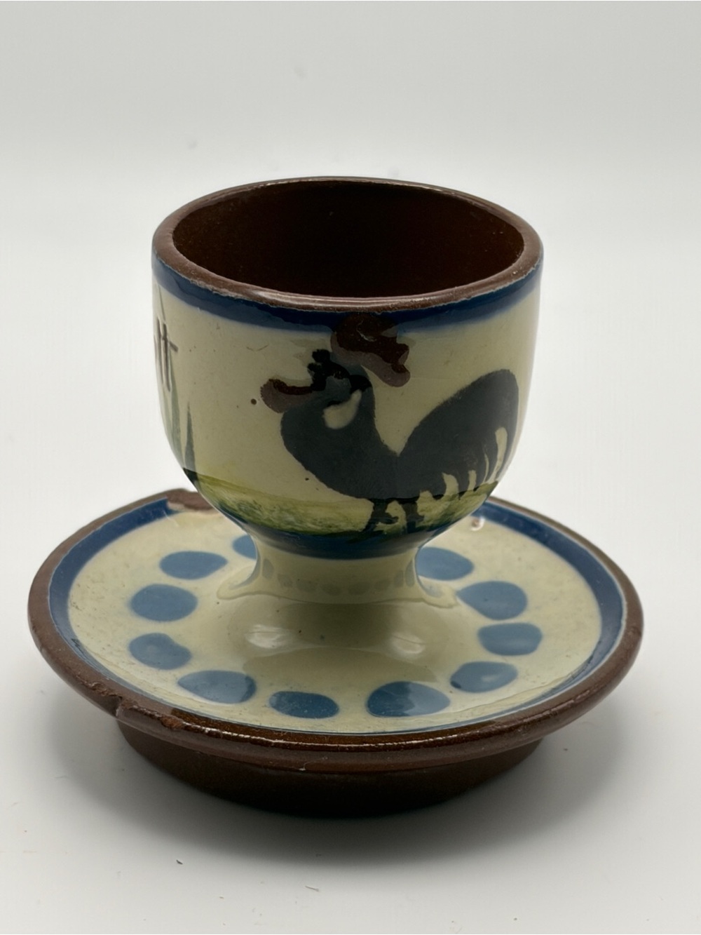 Hand painted Pottery Egg Cup Rooster Mt. Wachusett